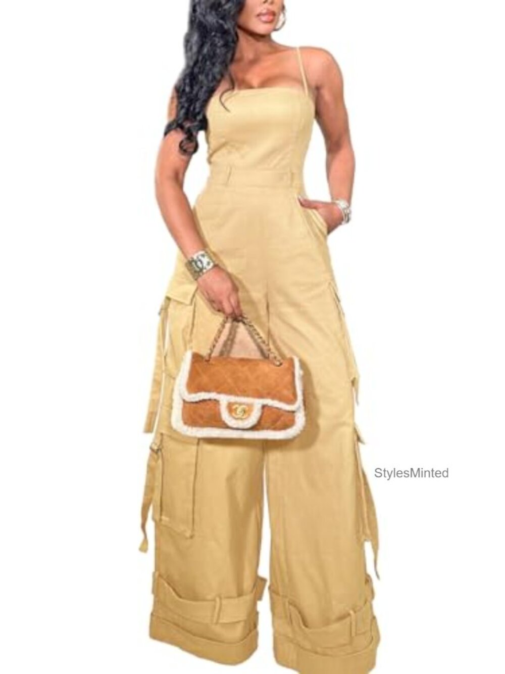 Women's Cargo Jumpsuit Wide Leg Sleeveless One Piece Outfit with Pockets
